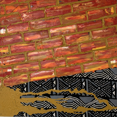 Abstract number 4. oil paint on african printed material. 1m x 1m 2024